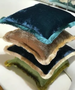 Scout House Silk Velvet Fringed Cushion In Taupe With Gold Trim- 40cm Square