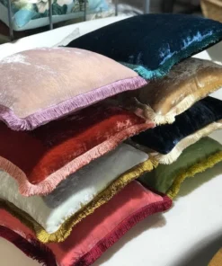 Scout House Silk Velvet Fringed Cushion In Indigo Blue With Gold Trim- 40cm Square