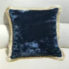 Scout House Silk Velvet Fringed Cushion In Indigo Blue With Gold Trim- 40cm Square