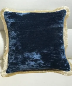 Scout House Silk Velvet Fringed Cushion In Indigo Blue With Gold Trim- 40cm Square