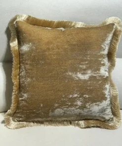 Scout House Silk Velvet Fringed Cushion In Taupe With Gold Trim- 40cm Square