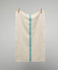 Homewares French 100% Linen 'Doudou' Tea Towel In Natural With Aqua Stripe By Charvet Editions