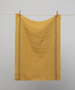 French 100% Linen 'Pays' Tea Towel Mustard With Brown Stripes By Charvet Editions